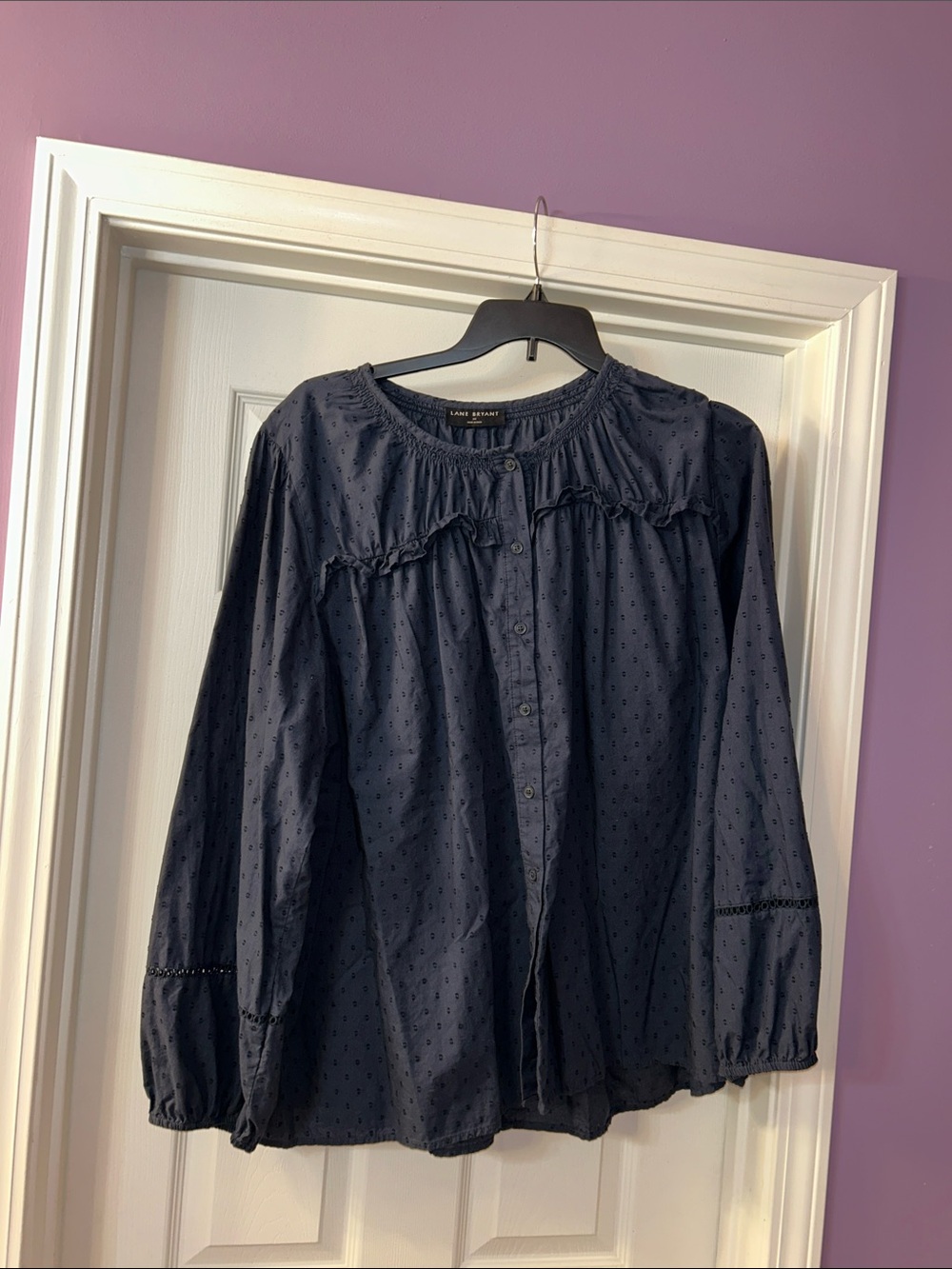Lane Bryant Navy Ruffled Button-Front Blouse
